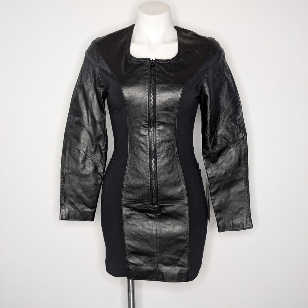 NWT Vintage Verducci Black Leather Panel Long Sleeve Zip Up Mini Dress S